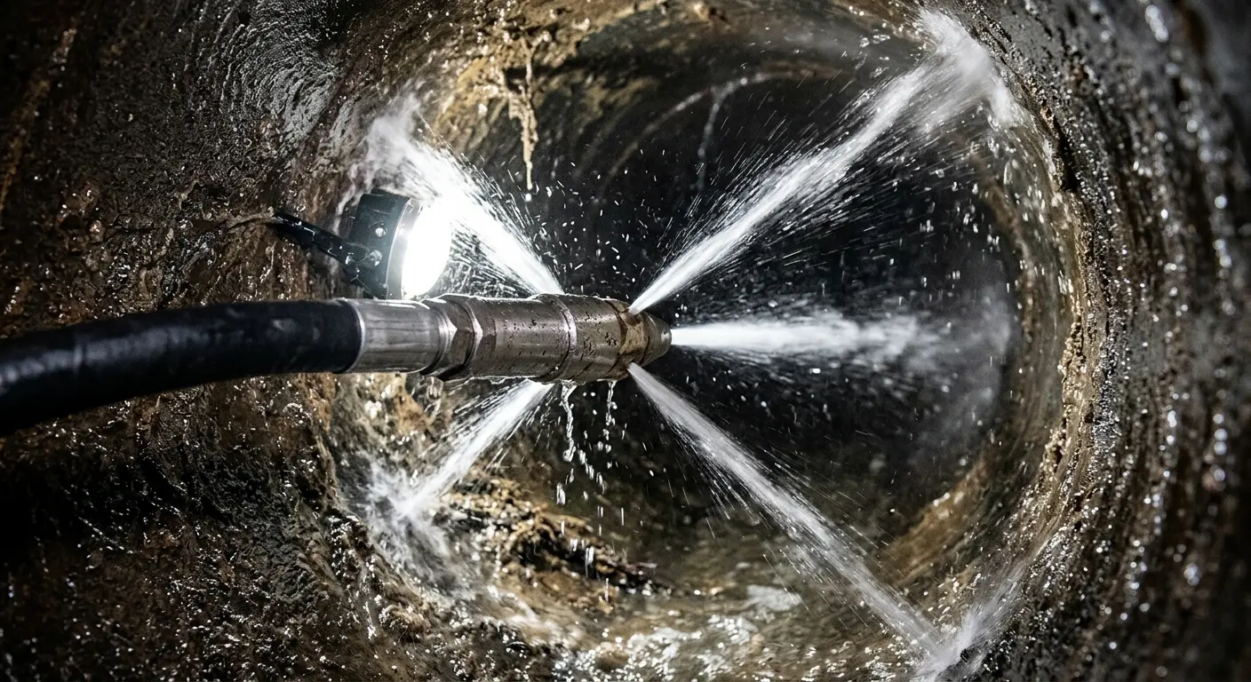 High-pressure hydro jetting nozzle cleaning sewer pipe for Storm Drain Cleaning in Woodfin