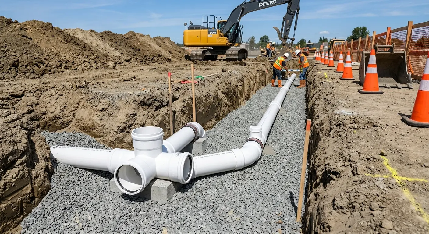New PVC sewer pipe installation in open trench for Sewer Backup in Woodfin