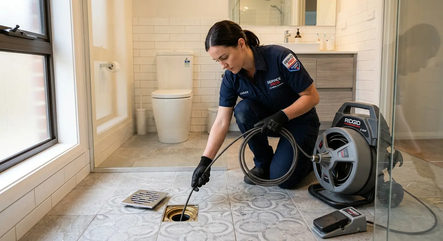 Technician clearing a bathroom floor drain for Drain Cleaning in Woodfin